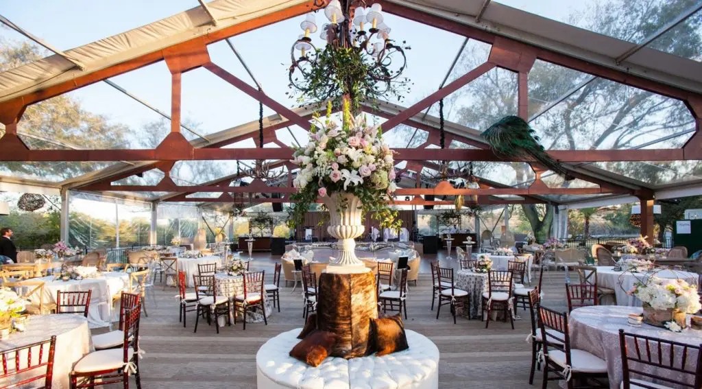 If the party tent is large enough, the social-distancing guest count can go up, at least as far as the ever-changing government regulations go. (Photo courtesy of The Events Company)