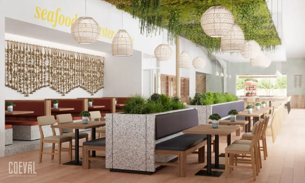 Pier 6 Seafood & Oyster House in San Leon, Texas, will have a casual chic vibe as designed by Coeval Studio. (Courtesy rendering)