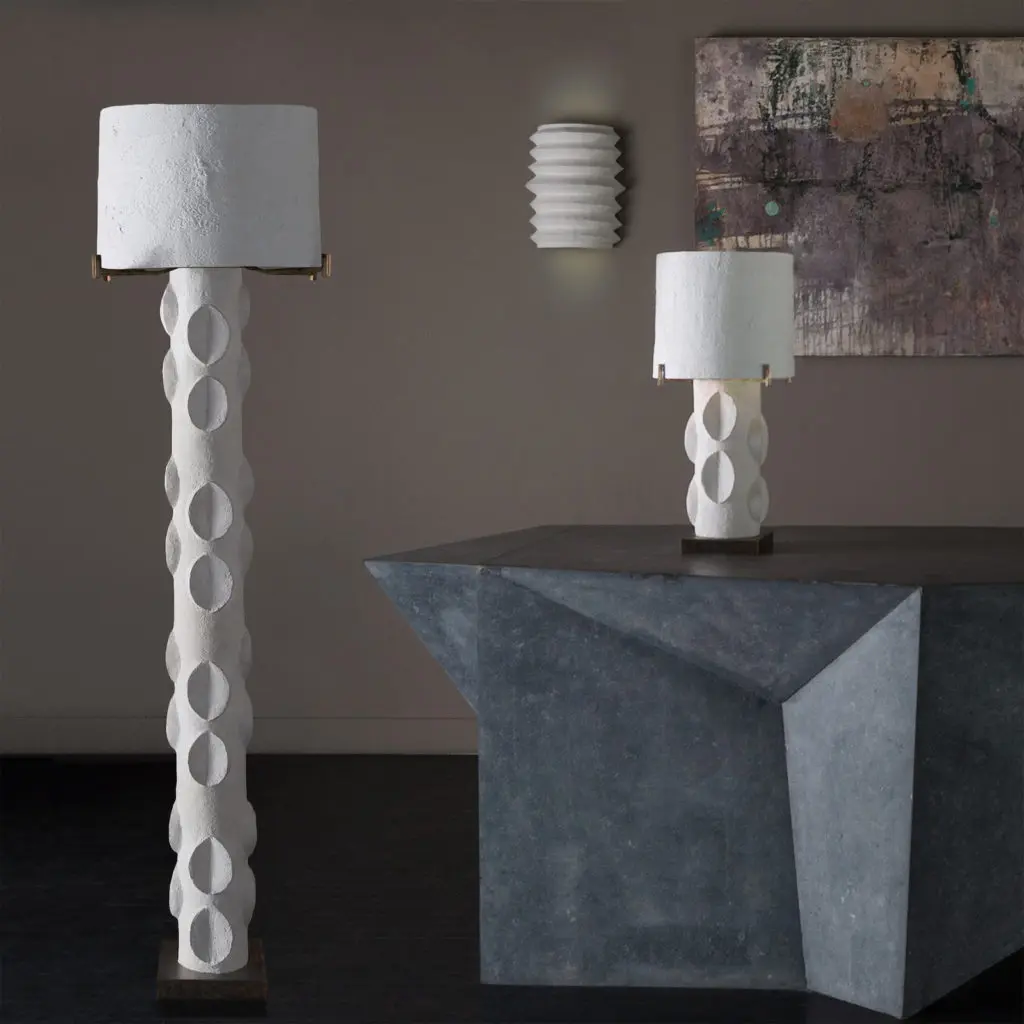 A monumental Wedge plaster floor lamp and Wedge table lamp 