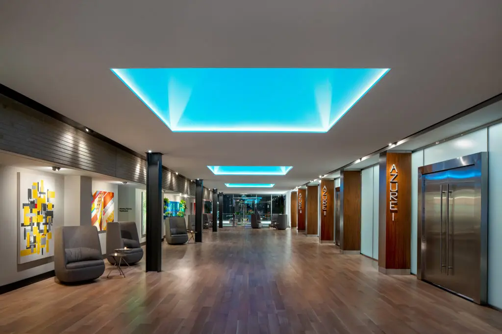 The lobby at The Westin Houston Medical Center Pearl Hospitality boasts artworks by Houston talents. (Photo by The Westin Houston Medical Center)