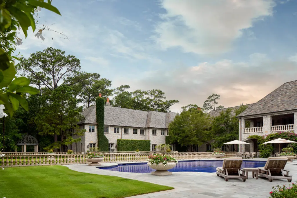The swimming pool is tiled in sapphire blue. (Photo by Nathan Schroder/Douglas Elliman)