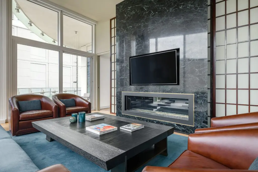 Striking fireplace surround.