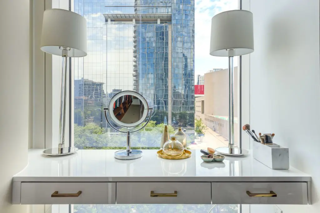 With walk-in closet and dressing table with a view of downtown.
