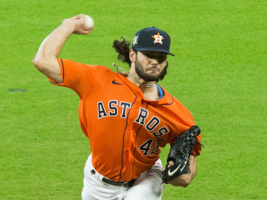The scar from Tommy John surgery is very visible on Lance McCullers Jr's rebuilt right arm. (Photo by F. Carter Smith)