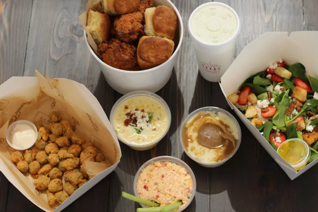 Goode Bird sides range from fried okra, to green chili pimento cheese, Cajun dirty rice and more. (Photo by Allison Moorman)