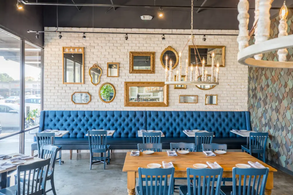 Sexy banquette seating at the French inspired White Elm Café Bakery on Memorial Drive at Kirkwood. (Photo by Shannon O'Hara)
