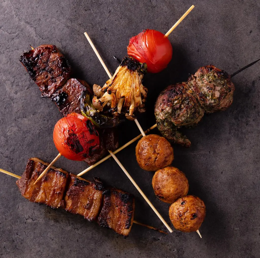 Veggie and char-grilled meat skewers will also be available for pickup and delivery. 