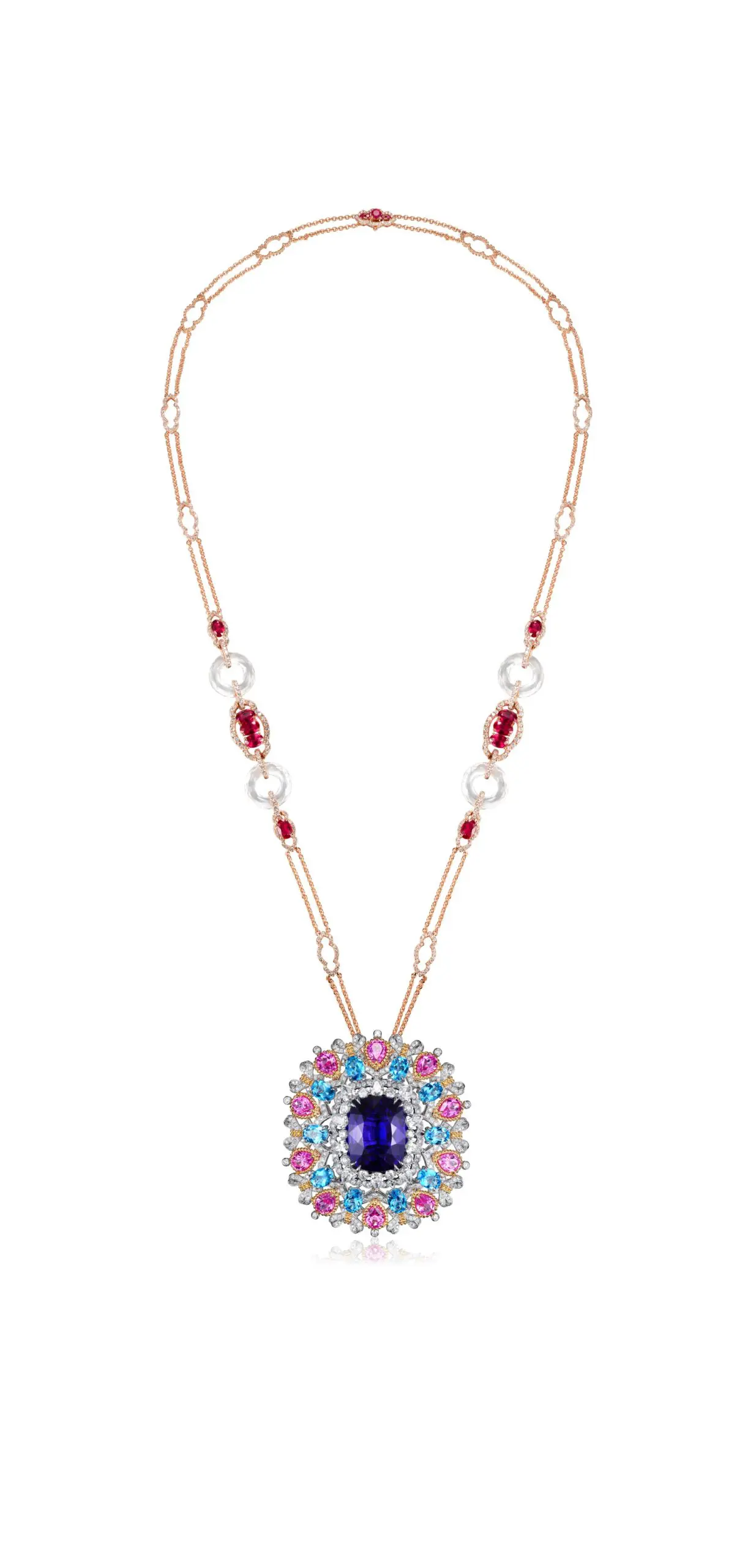 From the Fabergé x James Ganh capsule collection yellow, white and rose gold cushion cut tanzanite and mutli-colored gemstone transformable necklace, ring and brooch.