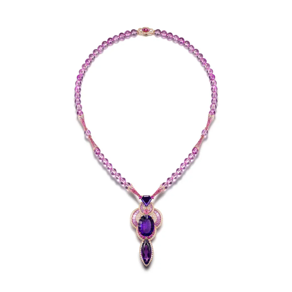 Fabergé x James Ganh rose quartz bead necklace embellished with a drop in amethyst rose-gold, diamond, amethyst, pink-ruby, tourmaline and rose-quartz. 