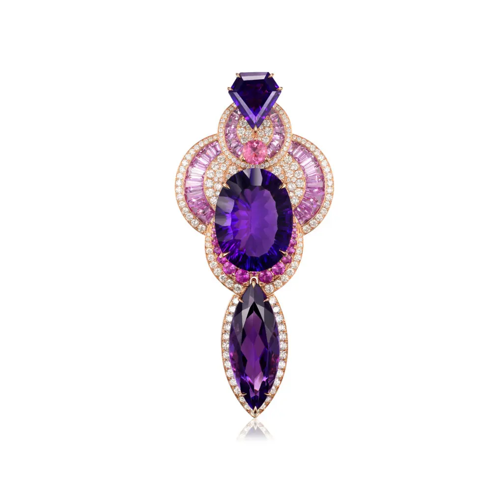Fabergé x James Ganh drop in amethyst rose-gold, diamond, amethyst, pink-ruby, tourmaline and rose-quartz. 