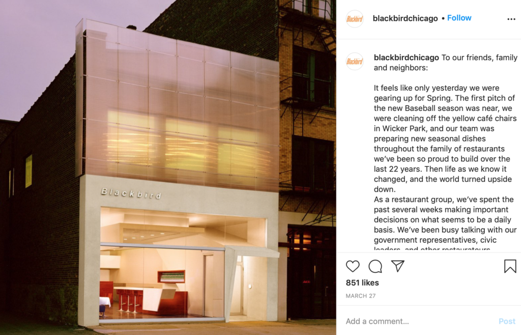 Blackbird of Chicago posts an Instagram lament early in the COVID-19 disaster.  (Instagram photo)