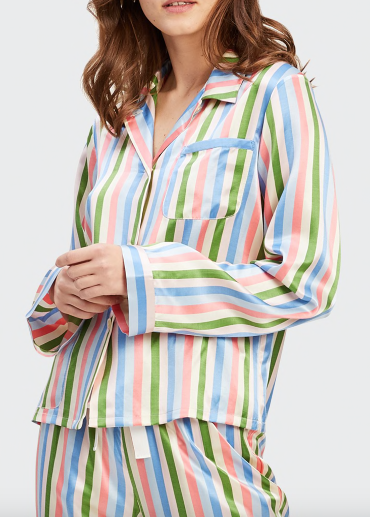 Morgan Lanes' Chantal Garden Stripe Sleep Pants at $258 are partnered with the brands Ruthie Garden Stripe shirt at $268.