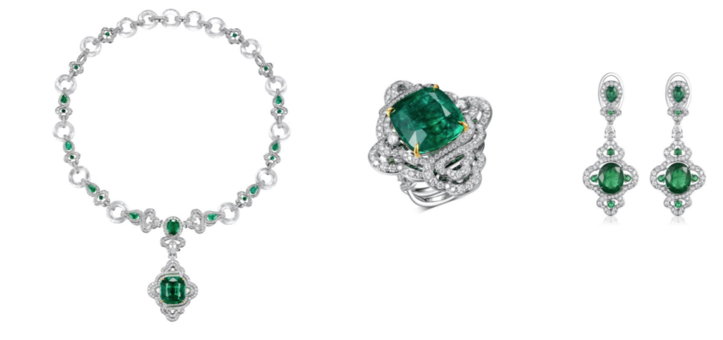 Fabergé x James Ganh white gold cushion cut emerald, diamond and carved rock crystal transformable necklace and white gold cushion cut emerald and diamond earrings.
Transformable Necklace and White Gold Cushion Cut Emerald and Diamond Earrings