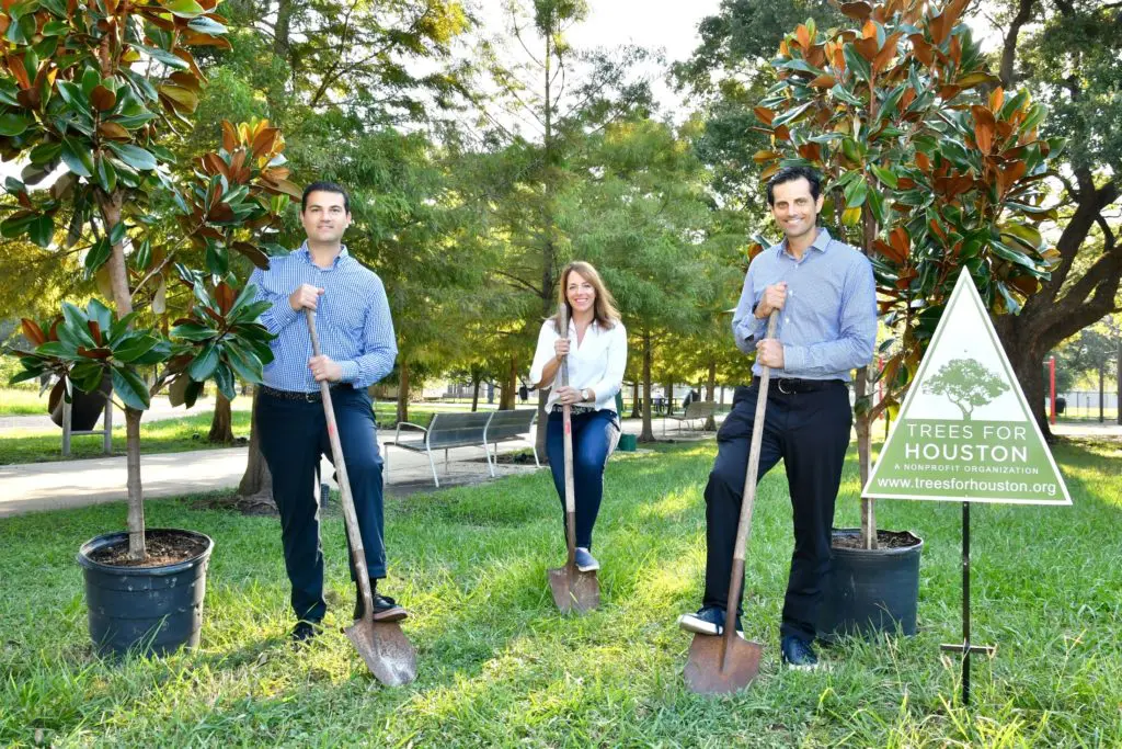 Segev Zadok, Trees for Houston's Laura Mayer, and Jonathan Zadok dig in to the new partnership between the jeweler and the non-profit. (Photo courtesy of Public Content)