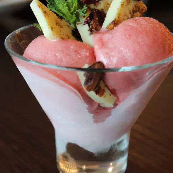 Strawberry Rhubarb Sorbet with White Chocolate & Pistachio Bark