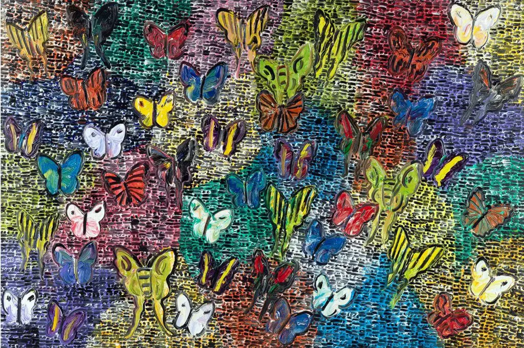 Hunt Slonem's "Guardians and Butterflies Cloak," 2019, at Laura Rathe Fine Art