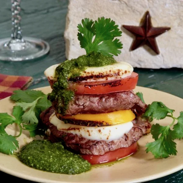 Grilled Tomato, Tenderloin, & Mozzarella Salad with Cilantro Pesto