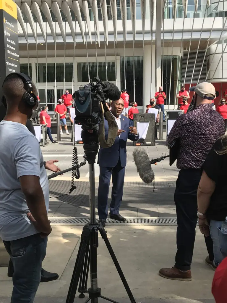 Mayor Sylvester Turner talks with media about the 'Red Alert' lighting of entertainment venues across the world.