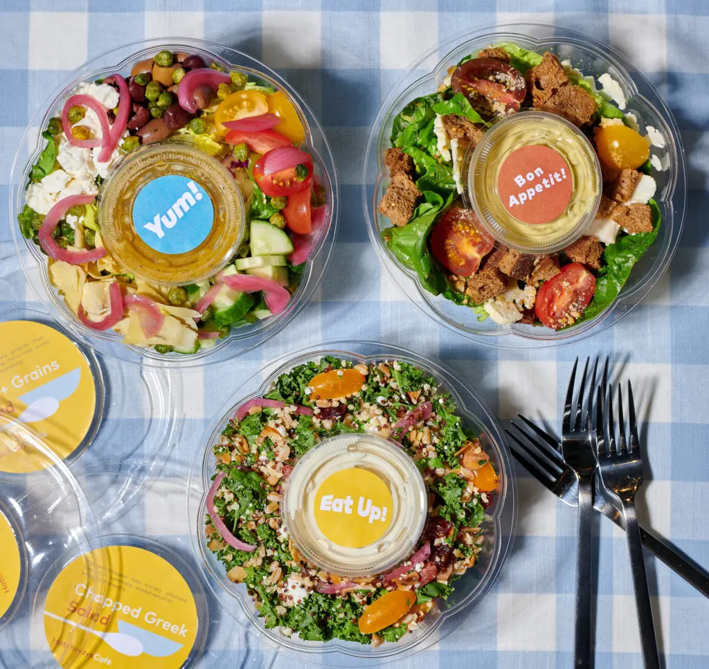 Salads at Hatchways include Vegan Caesar, Kale & Grains, and Chopped Greek.