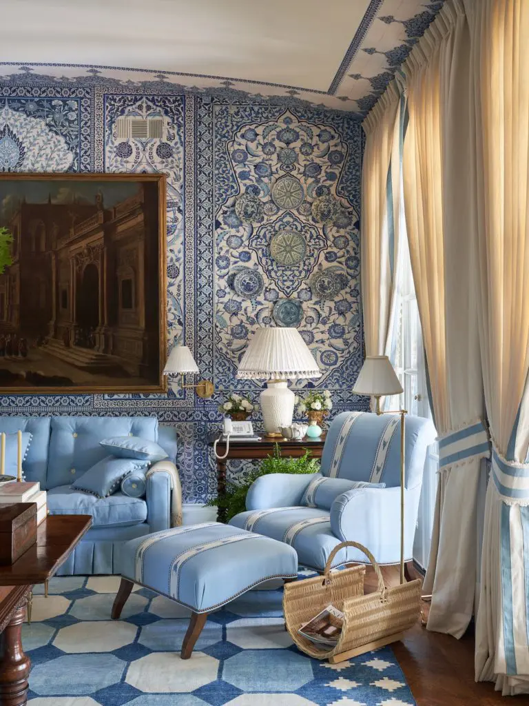 Furniture is Mark D. Sikes for Chaddock Home, covered in Schumacher fabric with Samuel & Sons trim. (Photo Stephen Karlisch)