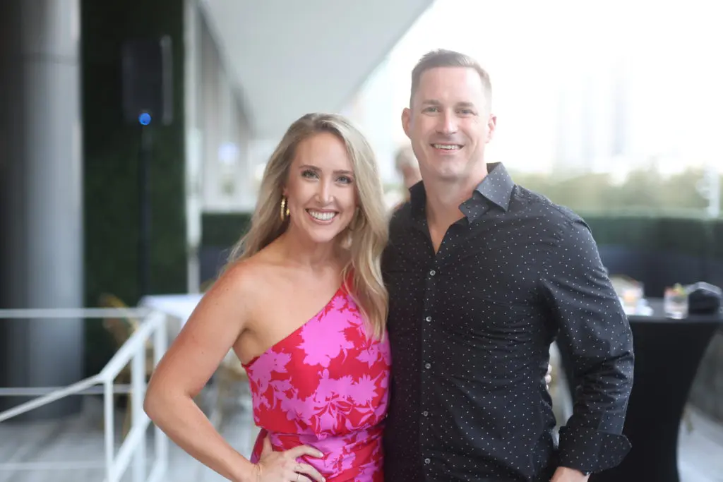 Kristin Wall & Adam Greer on the terrace at Annie Café & Bar for the Houston PetSet 'Fierce & Fabulous Soirée' (Photo by Quy Tran PhotographyHouston)