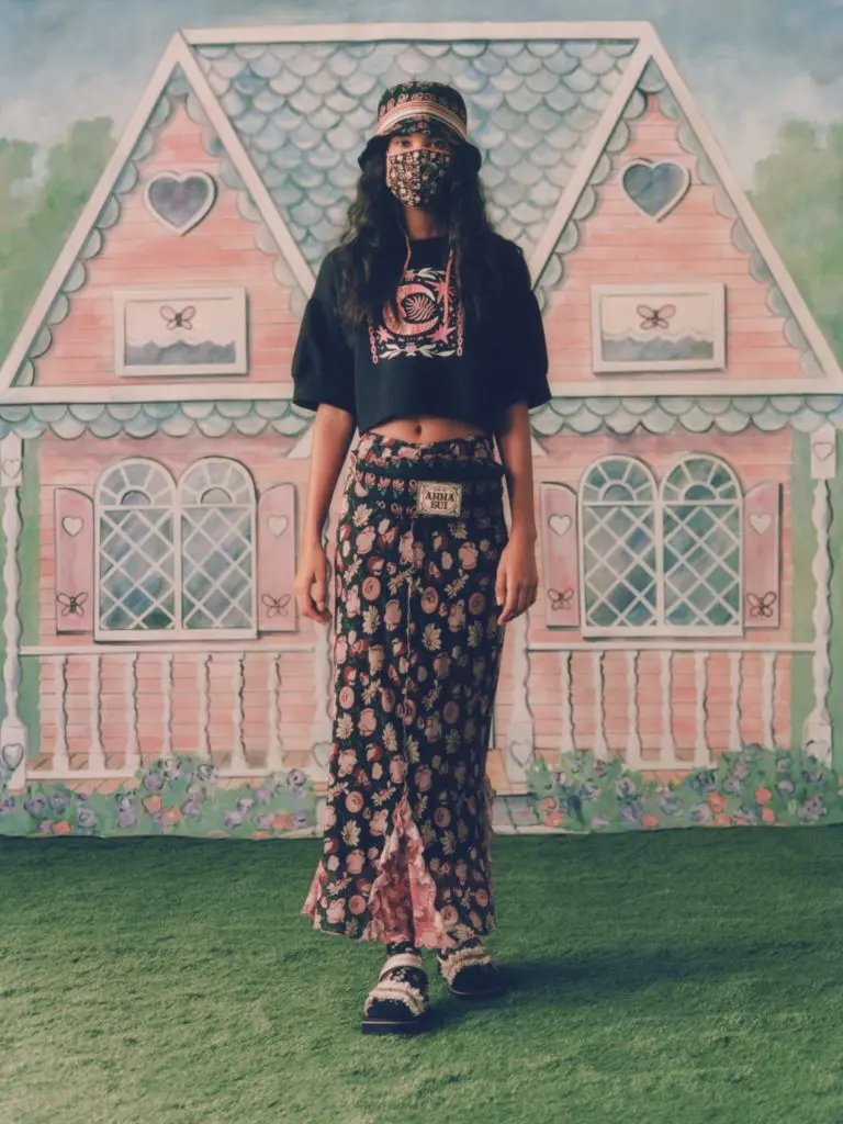 Anna Sui's homespun collection includes floral print skirt with a matching mask. (Photo courtesy of Anna Sui)