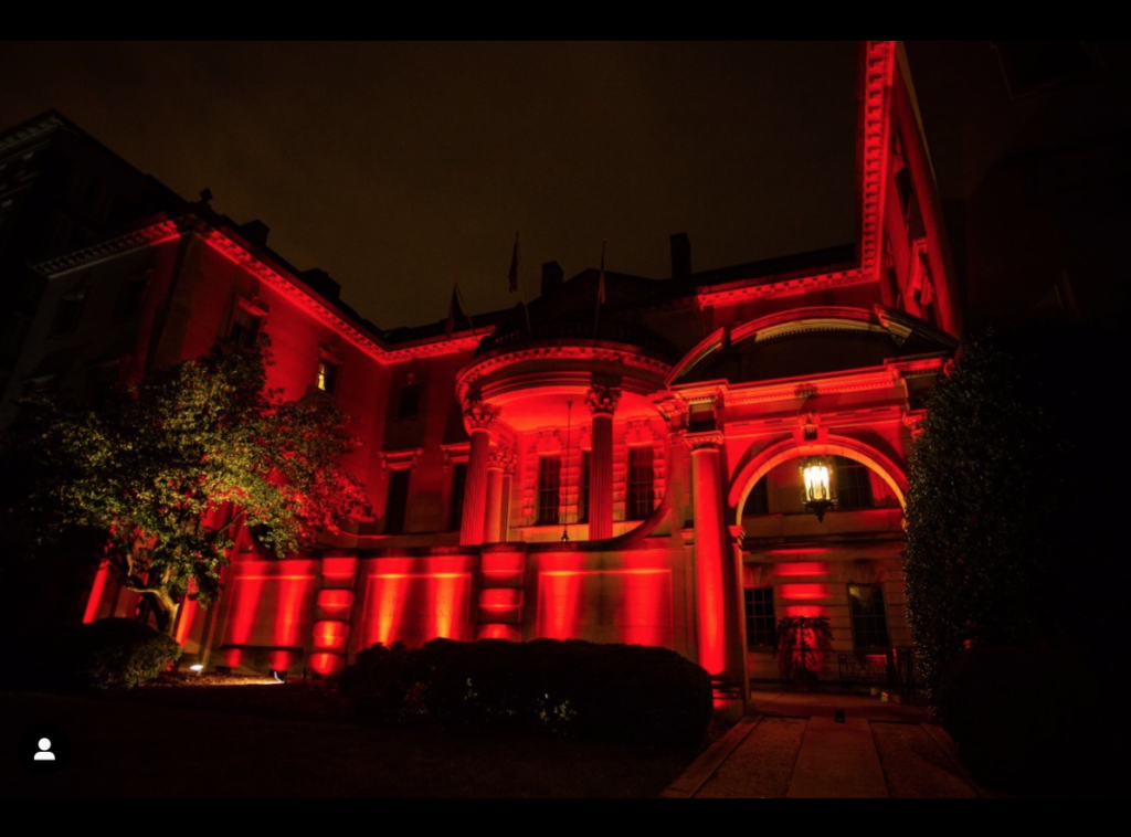 Larz Anderson House in Washington D.C. lights up in red for the Red Alert ((Instagram photo)