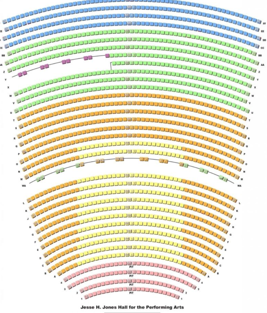 The original Jones Hall seating chart reveals the sweeping rows that were a challenge for those seated in the center. (Houston Symphony)