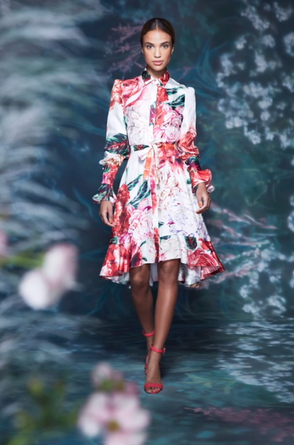 Even during a pandemic, this Marchesa florals dress brightens up fashion. (Photo courtesy of Marchesa)