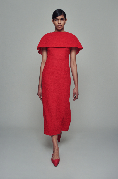 Emilia Wickstead red cape fitted dress. (Photo courtesy of Emilia Wickstead)