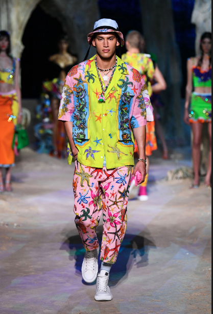Versace starfish patterned slacks and shirt. (Photo courtesy of Versace)