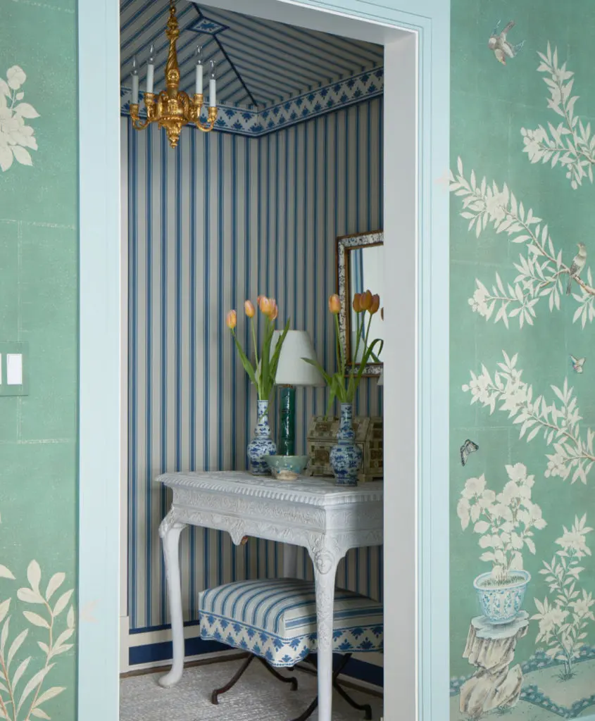 In Mark Sikes's home, a bath tented in a stripe he designed for Schumacher. (Photo Amy Neunsinger)