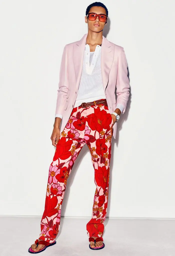 Tom Ford menswear collection includes floral slacks and pink jacket. (Photo courtesy of Tom Ford)