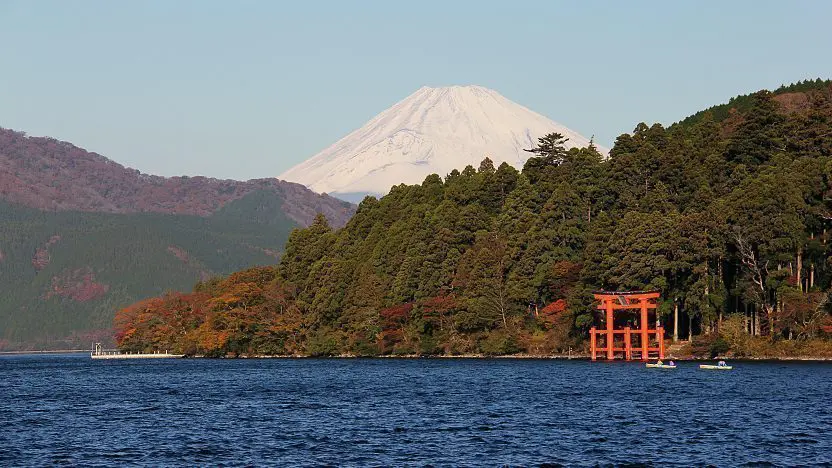 Hakone Shrine's famous Torii Gate opens to Lake Ashi.