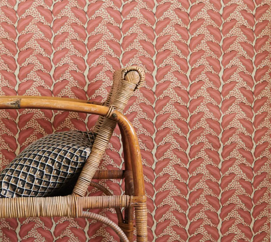 Serena Dugan’s Cassis grasscloth wallpaper, Caledonia fabric.