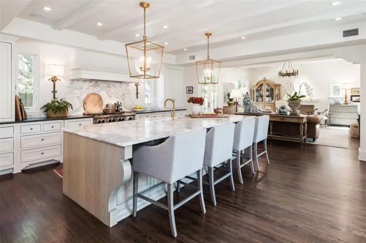 A white marble kitchen was one of the updates in a 2017 renovation. 
