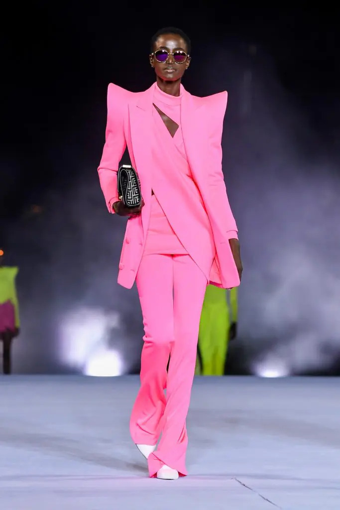 Balmain hot pink big shoulder jacket and trousers. (Photo courtesy of Balmain)
