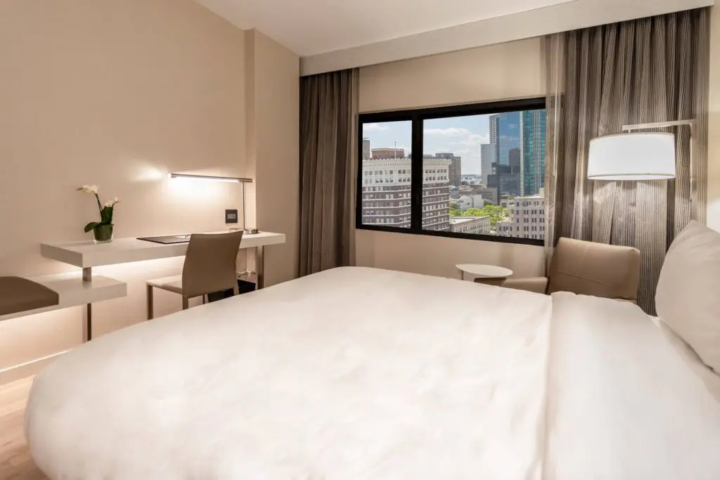 King room with a view of downtown Fort Worth, at AC Hotel Fort Worth Downtown.