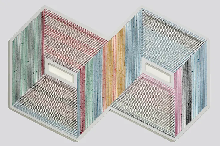 Adrian Esparza's "Optical Option," 2017,  at Taubert Contemporary. The El Paso-based artist is known for his serape series of thread paintings. While Taubert is still finalizing its Four x Five artworks for Culture Place we hope that Esparza is among the artists featured.