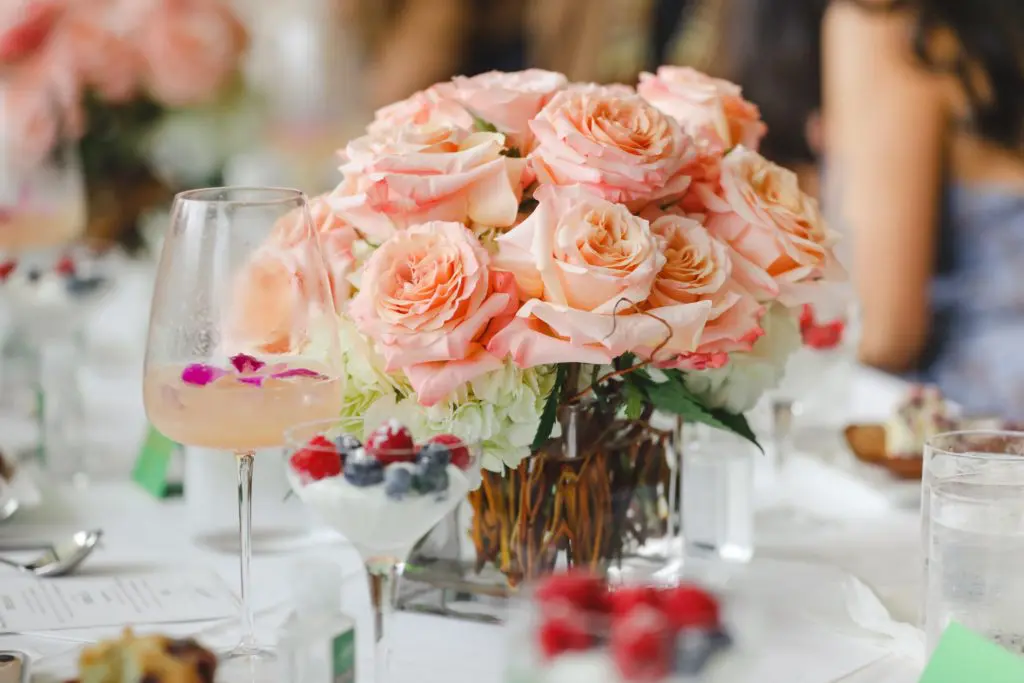 Bellini, roses, and a yogurt parfait on the brunch table The Annie (Photo by Johnny Than)