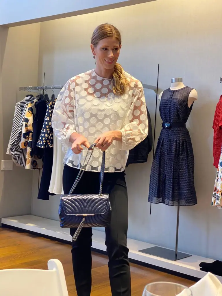 Akris Punto at Elizabeth Anthony, Tyler Ellis shoulder chain handbag (Photo by Shelby Hodge)