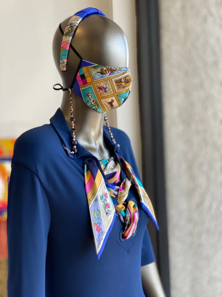 RoKi Design up-purposing silk scarves includes a variety of fashionable creations including masks.