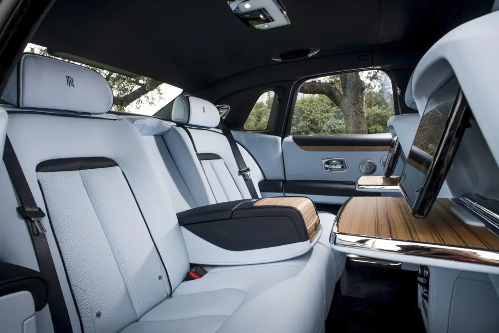 The backseat of the 2021 Rolls-Royce Ghost can be outfitted with 'picnic tables' and the 'theater configuration.'  (Photo by James Lipman for Rolls-Royce)