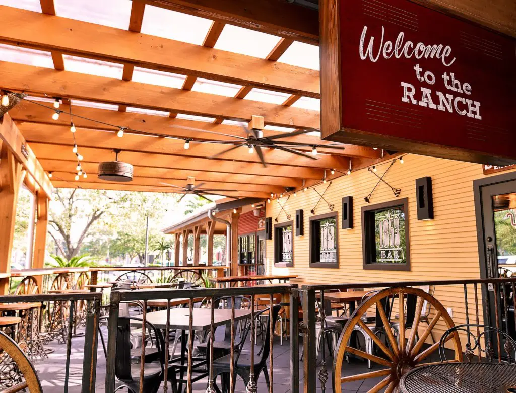 The King Ranch Texas Kitchen patio is outfitted in wagon wheels and branding irons.