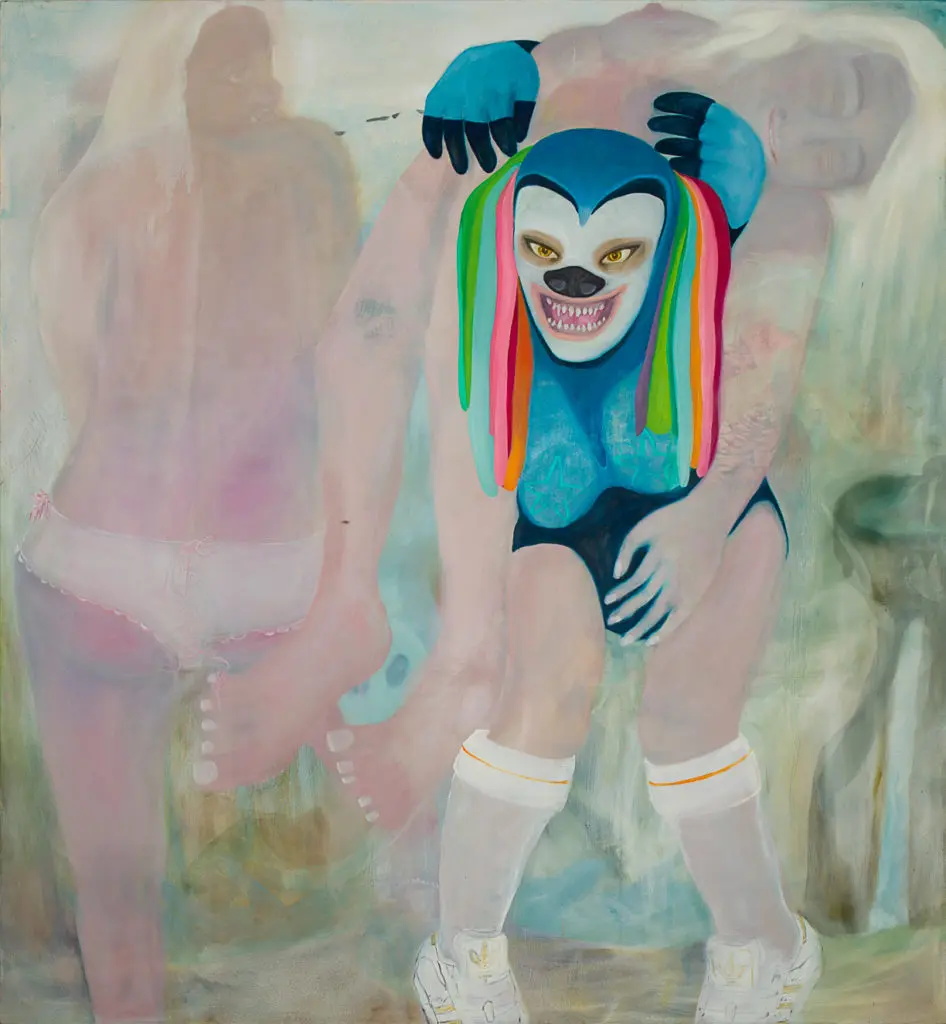 Lydia Maria Pfeffer's "She-Wolves in Training (isle of giantesses)," 2019, combines abstraction and Surrealist figuration, in a powerful, image-laden canvas bearing a feminist stance. The Los Angeles-based artist is featured at Galerie Droste on Culture Place during Four x Five.