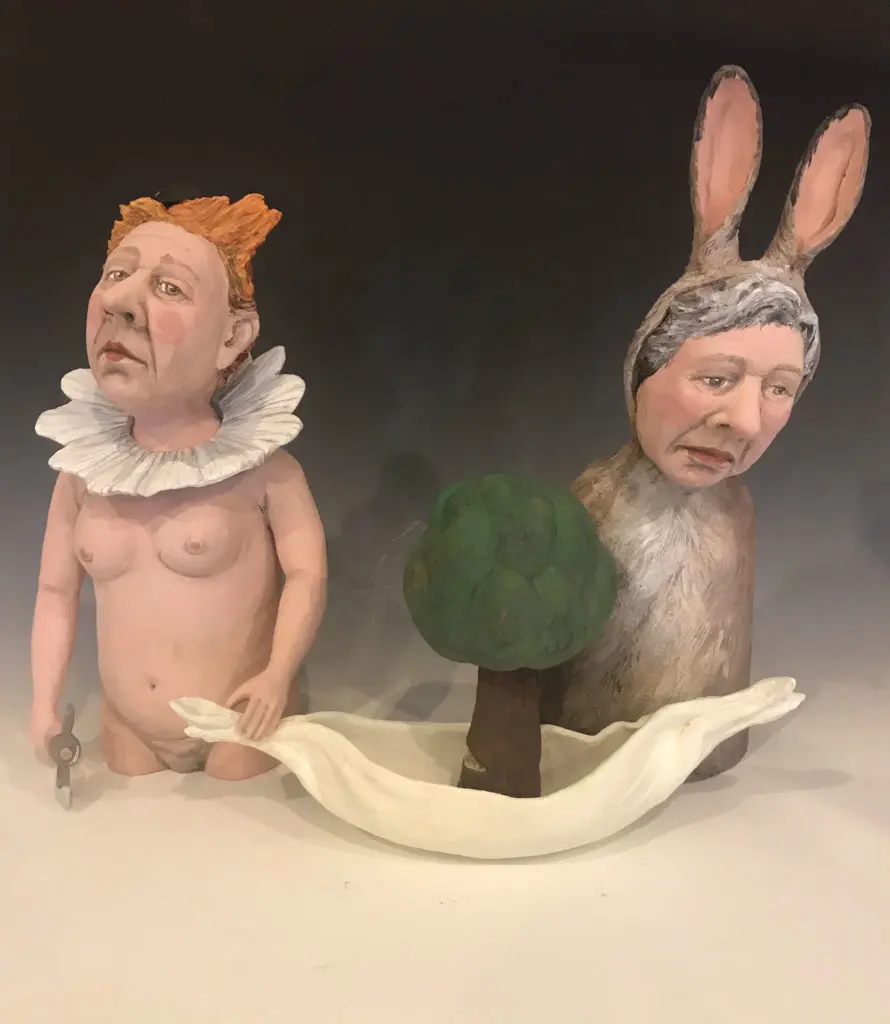Pat Johnson's “The Clown cuts down tree. Rabbit can’t stop him.," 2019