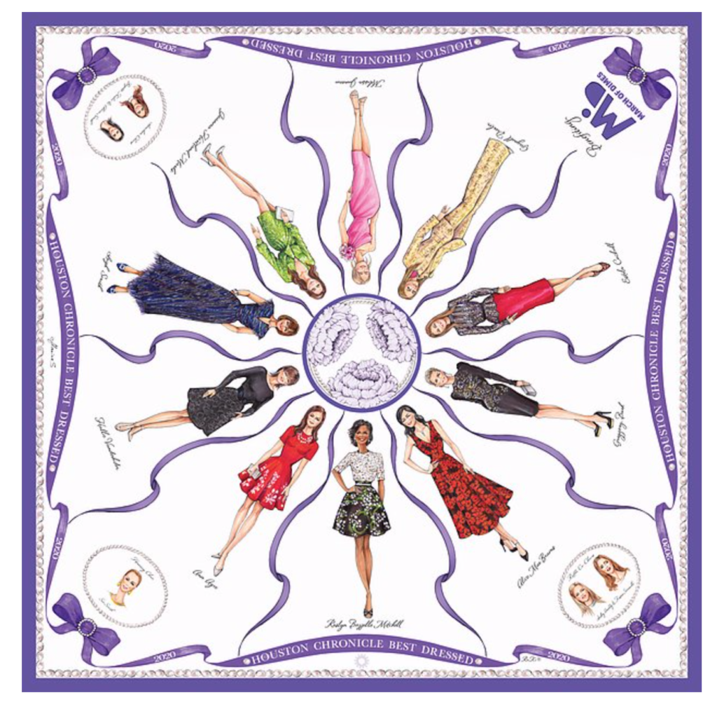 The 2020 Best Dressed design was created through the vision of Roslyn Bazzelle Mitchell and brought to life by fashion illustrator, Marina Saba and a local graphic artist. A percentage of proceeds benefit the March of Dimes.