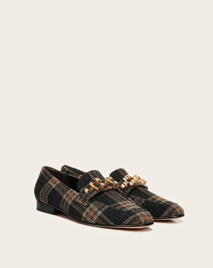 Veronica Beard Alire Loafers in plaid with rose gold chain link detail.