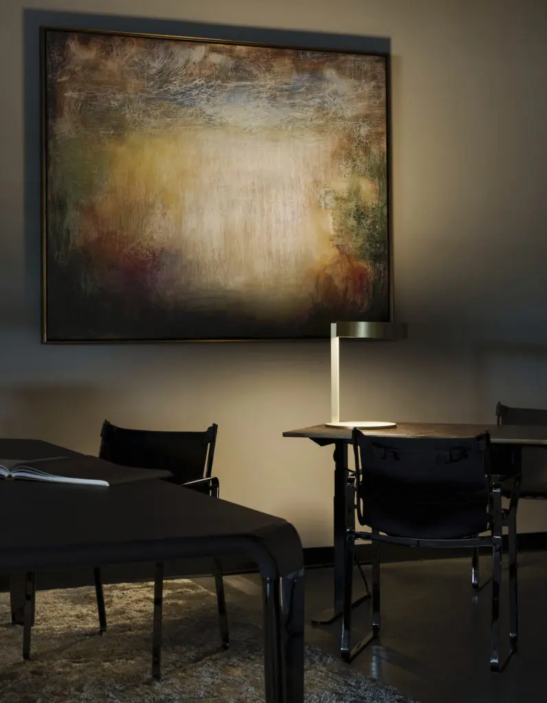 Landscape painting by Oscar Saborio work from Art of the World  Gallery, which has joined BeDesign in a percentage-of-sale fundraiser for Houston Grand Opera. Nahoor: Demetra Table Lamp (Photo by Jack Thompson)