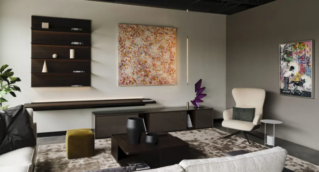 Chun Kwang Young work above the sofa and Mr. Brainwaish to the right, from from Art of the World  Gallery, which has joined BeDesign in a percentage-of-sale fundraiser for Houston Grand Opera.  Furnishings from BeDesign. Molteni&C: Gregor Sofa, Kensington Armchair, Pass-word Evolution, Hubert Coffee Table, Panna Cotta Side Table and 
Davide Groppi Masai (Photo by Jack Thompson)